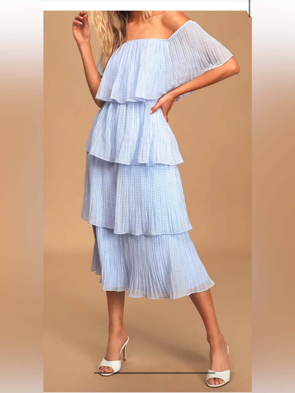 Lulu's Light Blue Gingham Tiered Off-Shoulder Midi Dress S